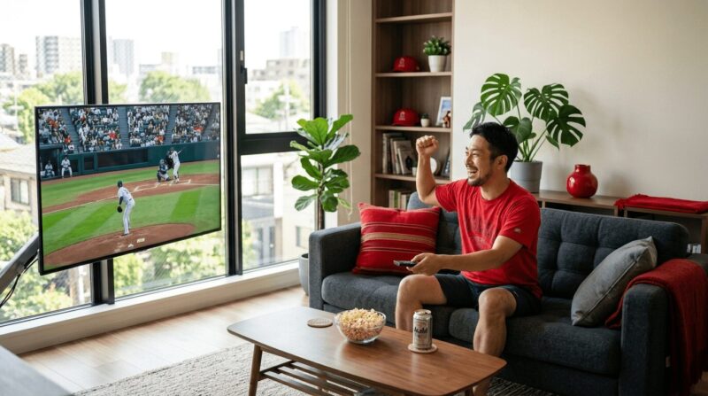赤いシャツを着た男性が自室で野球観戦している画像