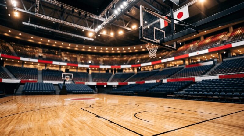 観客のいないバスケットコートの画像