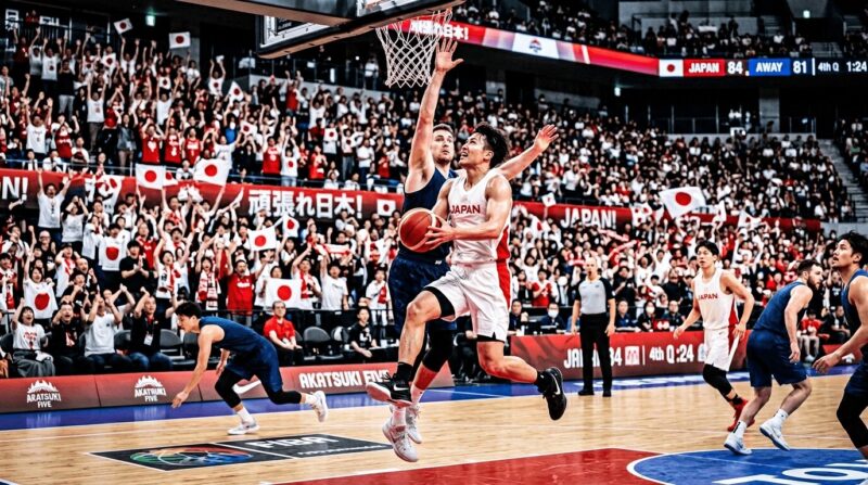 日本代表のプレーヤーがディフェンスを交わしてレイアップシュートを狙う画像