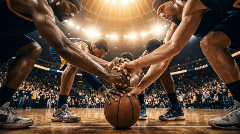 バスケットボール選手がコートの中央でボールに拳を乗せて円陣を組んでいる画像