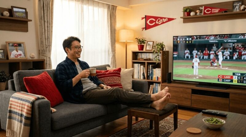 広島カープのペナントなどのグッズを飾った部屋でソファーに座ってカープ戦の応援をする男性の画像