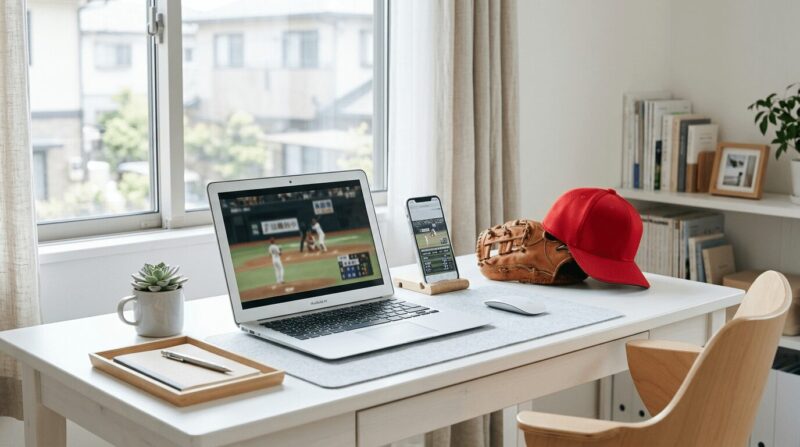 机の上いPCとスマホなどが置かれている、s会キャップ帽とグローブも置いてある画像