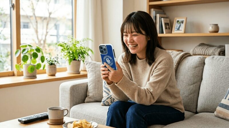 中日ドラゴンズのスマホケースをつけた女性がスマホを見ている画像