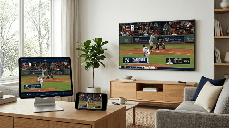 野球中継をTVとタブレットとスマホで映している画像