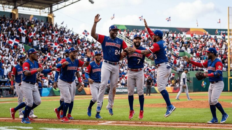 ドミニカ代表風の選手が喜んでダンスしている画像