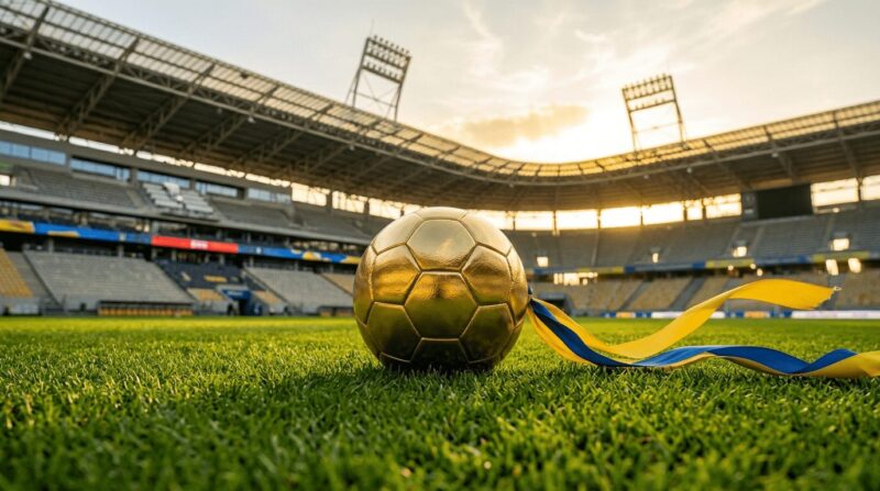 金色のサッカーボールが競技場のピッチの上に置いてある画像