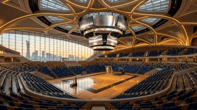 開催地カタールにあるゴージャスなスタジアム内バスケットボールコートのイメージ画像