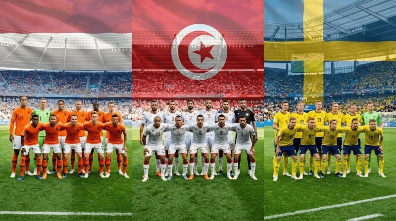 グループFの対戦国３チームが各国の国旗を背景に並んでいる画像