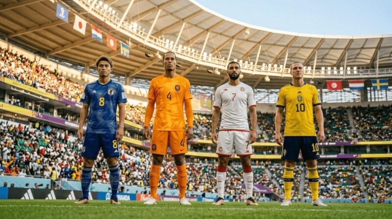 グループFの4カ国のユニフォームを着た選手が並んでいる画像
