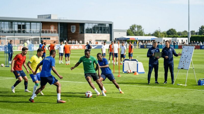 競い合ってドリブル練習する選手たちとその様子を見ているコーチの画像