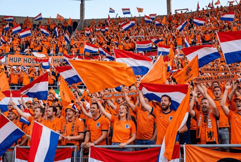 オランダ国旗を掲げて応援するオランダサポーターの画像