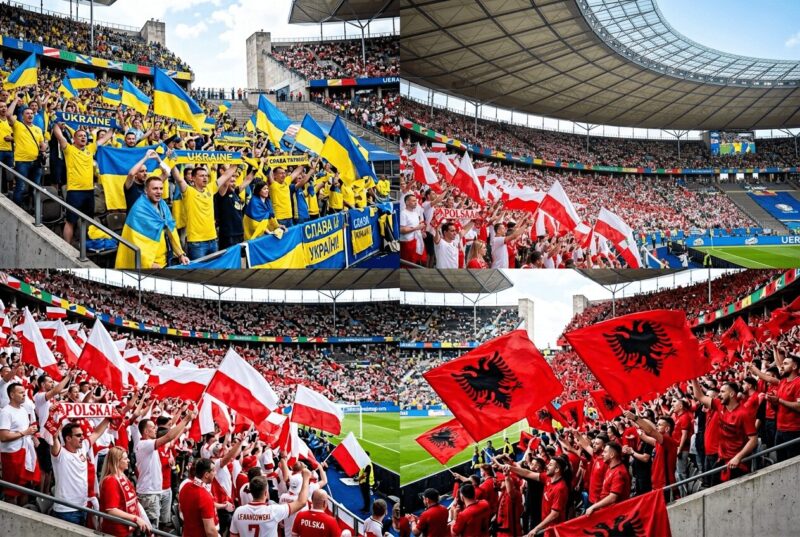 国旗を掲げて応援する4カ国のサポーターの画像