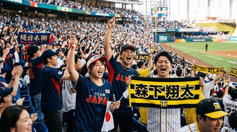 侍ジャパンの応援の中に森下翔太選手のファンがいる画像