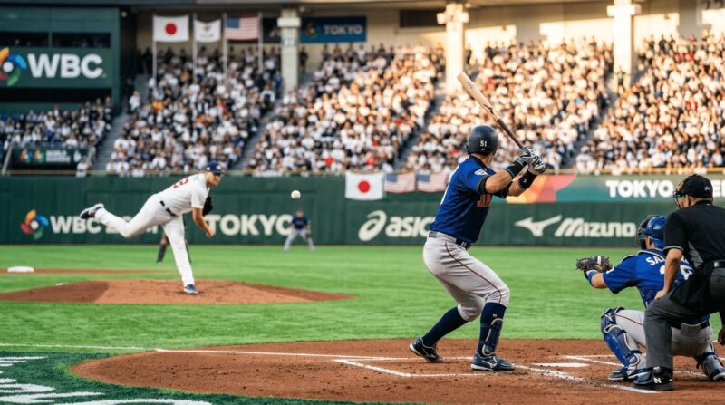 日本代表の右バッターが打席に立っている画像