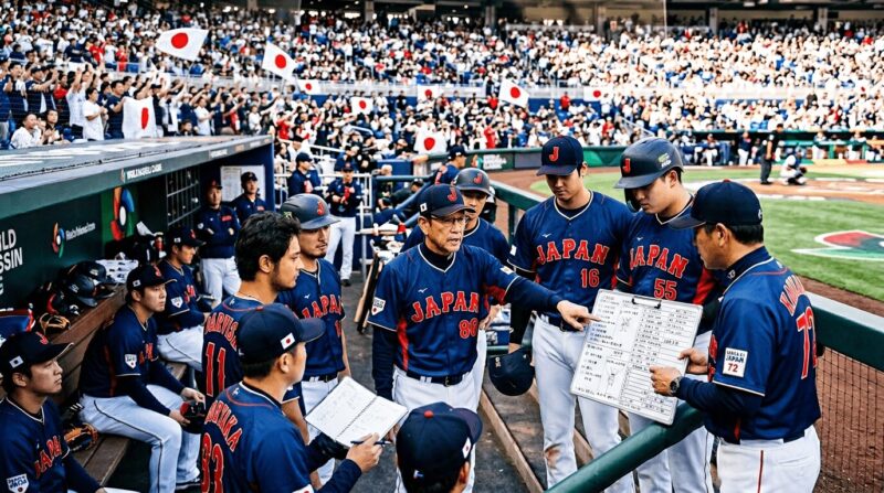 ベンチで戦略を立てる日本代表のベンチの画像