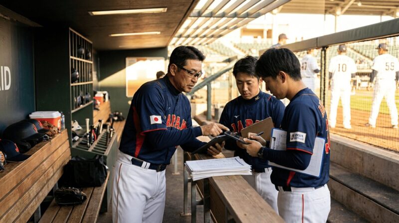 ベンチで作戦を考える日本代表の監督やコーチの画像