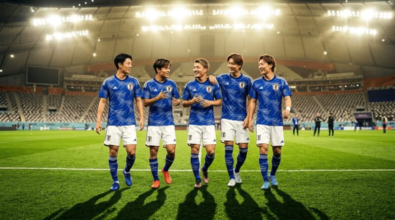 スタジアムのライトに照らされる5人の日本代表選手の画像