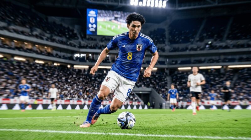 若い日本代表選手が颯爽とドリブルしている画像