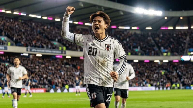 日本代表のアウェイユニフォームを着てガッツポーズをする若い選手の画像