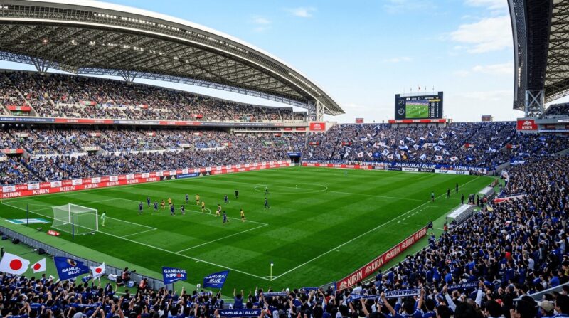 日本代表の試合が行われているサッカースタジアムの画像