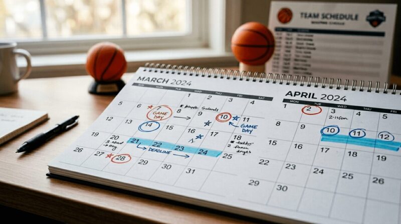 机の上にカレンダーとバスケットボールのフィギュアが置いている画像