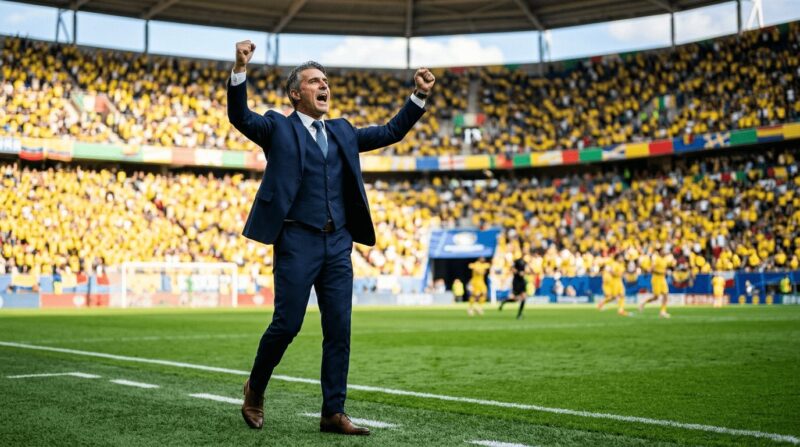 綺麗なスーツを着たヨーロッパ系の監督が両手を挙げている画像