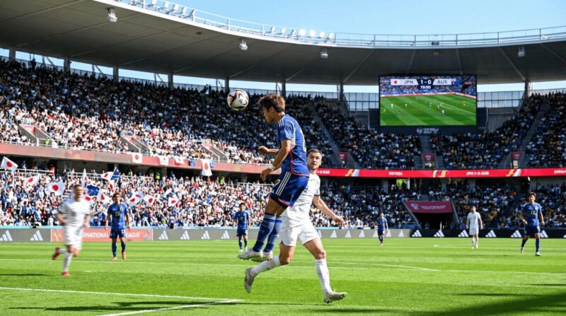 日本代表選手がヘディングしている画像