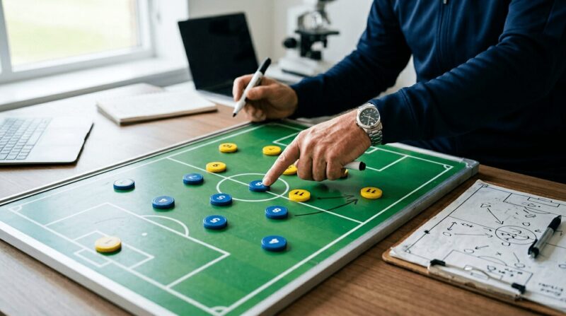 ボードを使って戦術を考えている画像