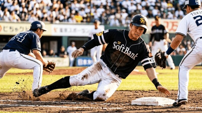 スライディングしてベースにタッチするランナーの画像