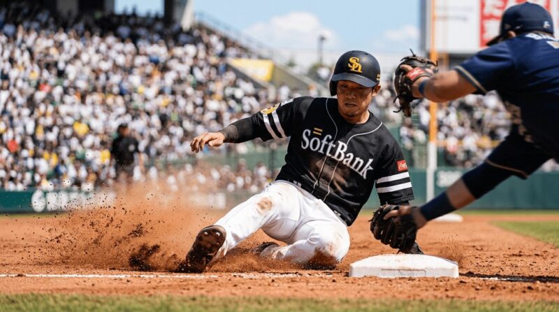 スライディングでベースに付くランナーの画像