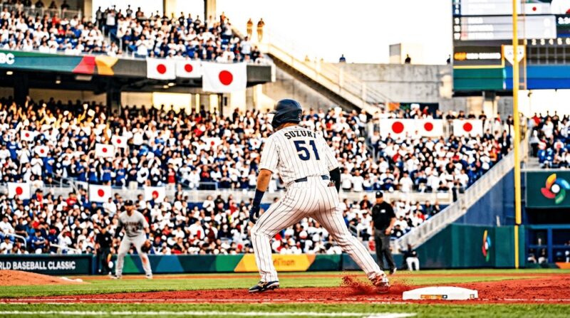 ベースについて打球を確認する日本代表選手のランナーの画像