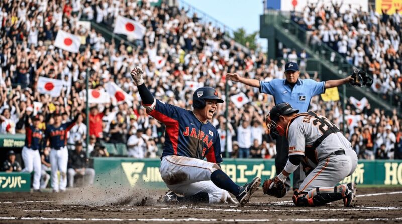 ホームにスライディングで生還した日本代表の代走ランナーの画像