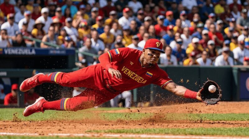 ベネズエラ代表選手がダイビングキャッチしている画像