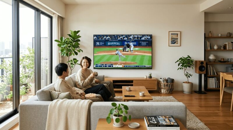 リビングの大画面TVに野球中継が映っている画像