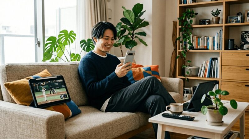 男性がソファに座ってスマホで野球を見ている画像