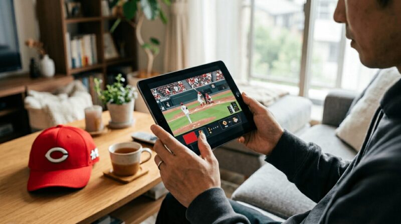 赤い野球帽が机に置かれたリビングで、タブレットで野球観戦している男性の画像