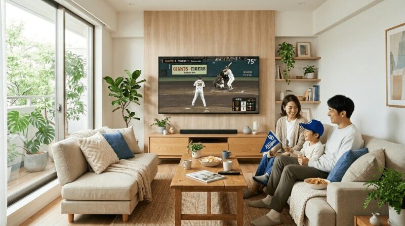 リビングで野球中継を見ている親子の画像