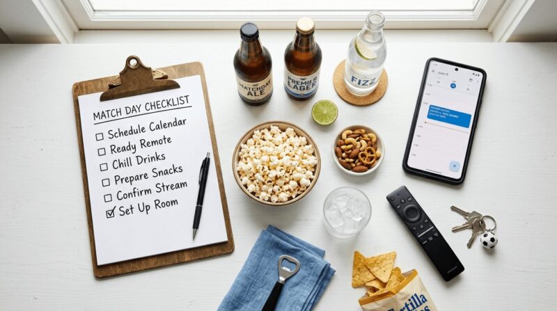 机にスマホやドリンクやチェックリストが並んでいる画像