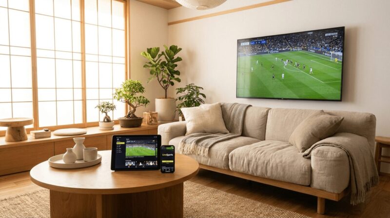 リビングでサッカーをテレビ観戦している画像