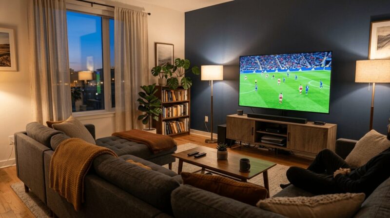 リビングでW杯サッカーをみている画像