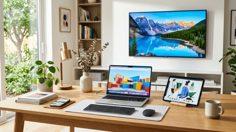 テレビ、PC、タブレット、スマホなどさまざまなデバイスが置いてある部屋の画像