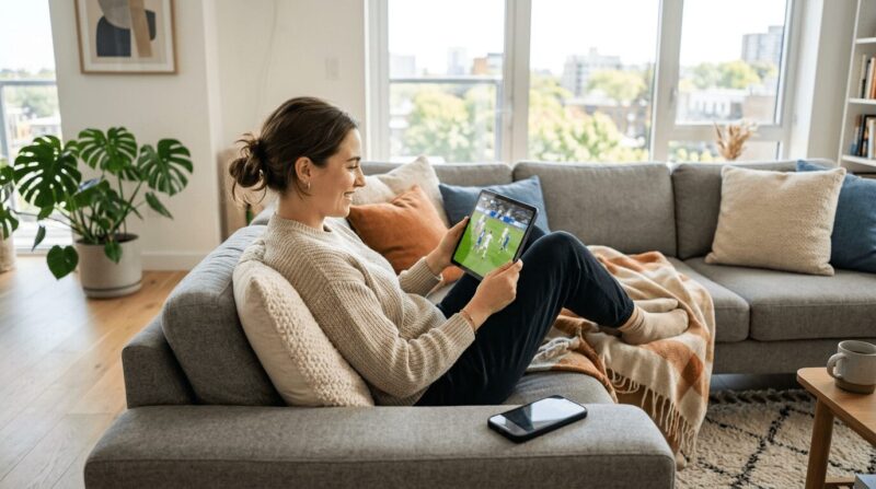 リビングのソファに座ってタブレットでサッカーを見る女性の画像