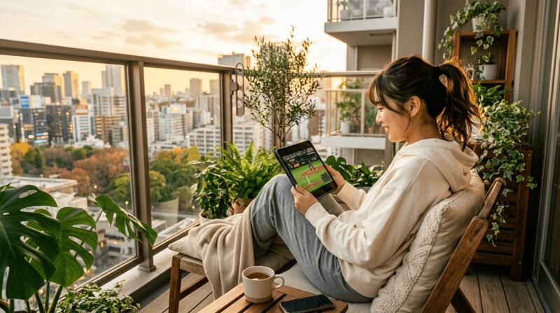 バルコニーで椅子に座り1人でくつろいでタブレットでサッカー観戦をしている女性の画像