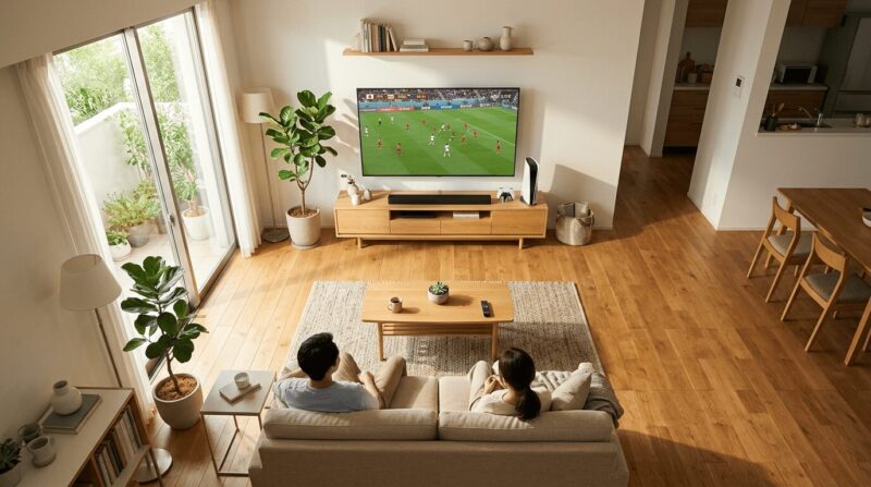 夫婦でリビングのソファに座ってTVでサッカー観戦をしている画像