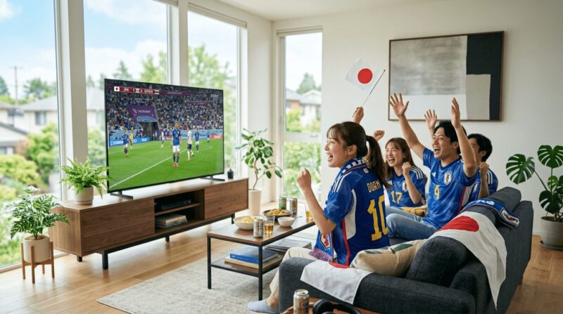 リビングで日本代表のユニフォームを着てTV観戦している男女の画像