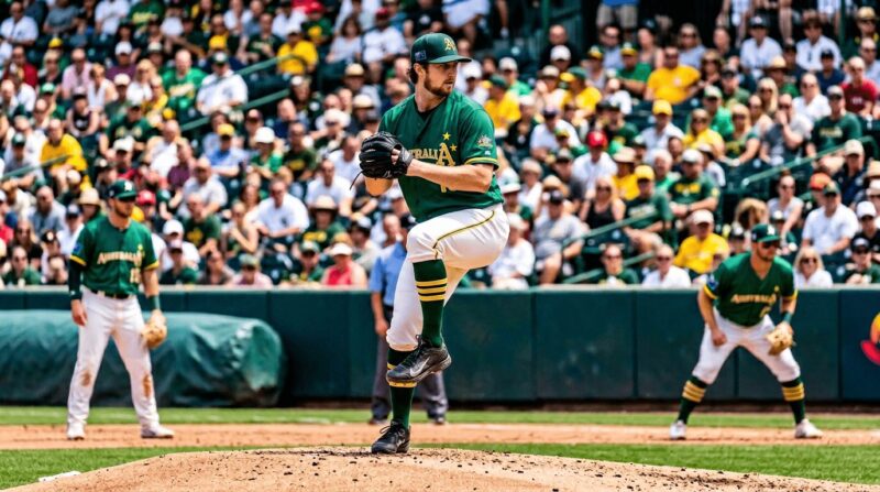 オーストラリア代表の投手が投げる画像