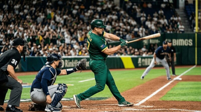 オーストラリア代表選手がバッティングしている画像