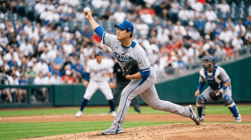 韓国代表のピッチャーが投球している画像