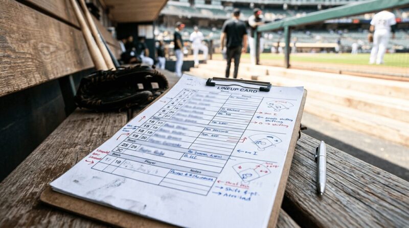 試合のラインナップのシートを挟んだバインダーが置いてあるベンチの画像