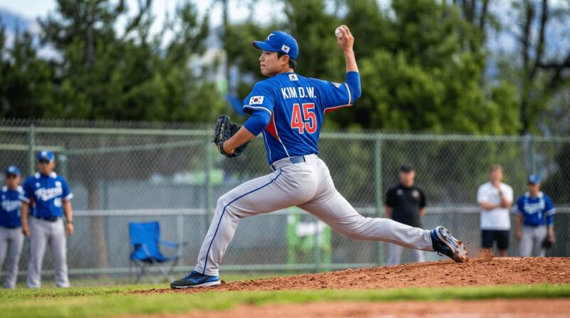 韓国代表のピッチャーが投球している画像